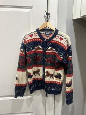 Woolrich Vintage Festive Winter Sleigh Horse Cardigan Sweater Size S